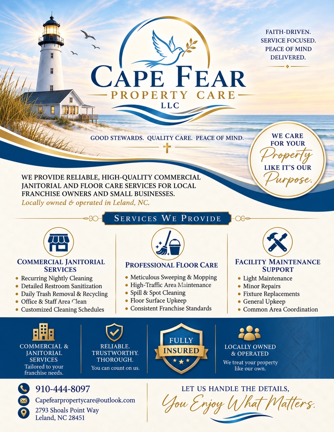 Cape Fear Property Care LLC dove and coastal wave logo beside a lighthouse at sunrise. Faith-driven. Service focused. Peace of mind delivered.